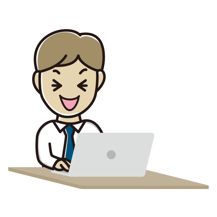 パソコン使用中に笑う男性会社員（ワイシャツ）のイラスト【色あり、背景なし】透過PNG