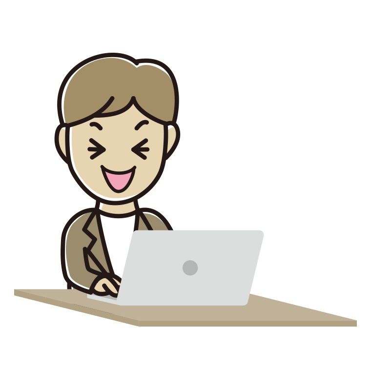 パソコン使用中に笑う男性会社員（カジュアル）のイラスト【色あり、背景なし】透過PNG