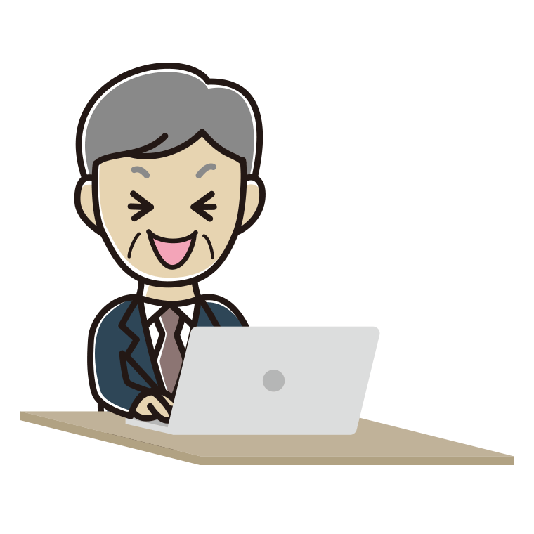 パソコン使用中に笑う年配男性会社員のイラスト【色あり、背景なし】透過PNG