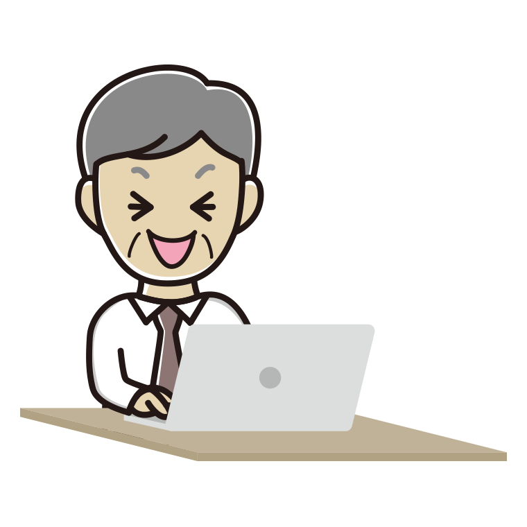 パソコン使用中に笑う年配男性会社員（ワイシャツ）のイラスト【色あり、背景なし】透過PNG