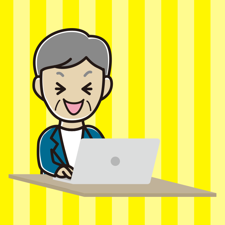 パソコン使用中に笑う年配男性会社員（カジュアル）のイラスト【色、背景あり】PNG
