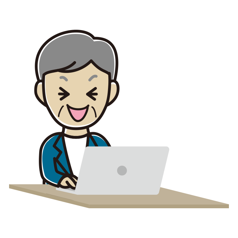 パソコン使用中に笑う年配男性会社員（カジュアル）のイラスト【色あり、背景なし】透過PNG