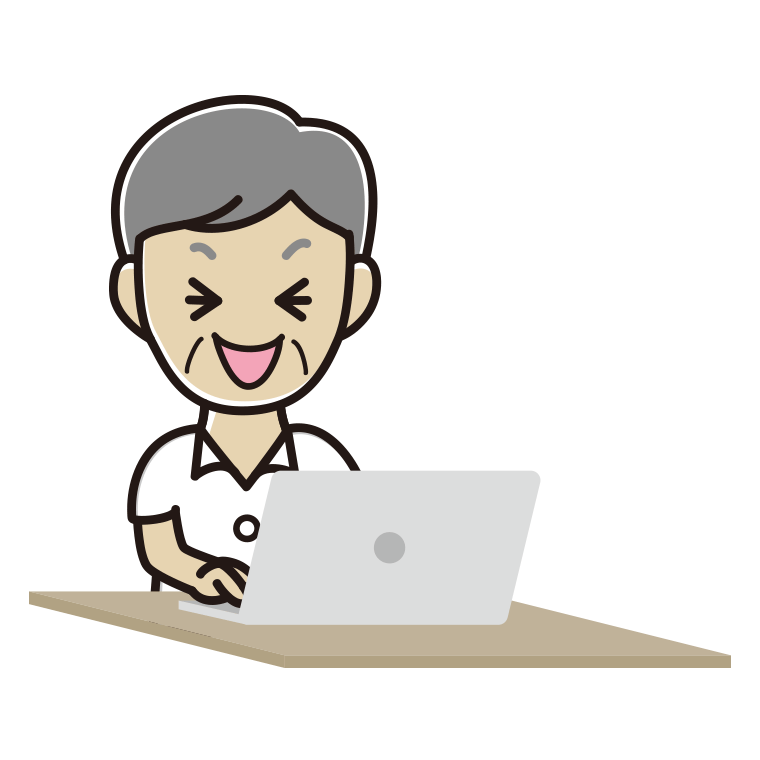 パソコン使用中に笑う年配男性会社員（クールビズ）のイラスト【色あり、背景なし】透過PNG