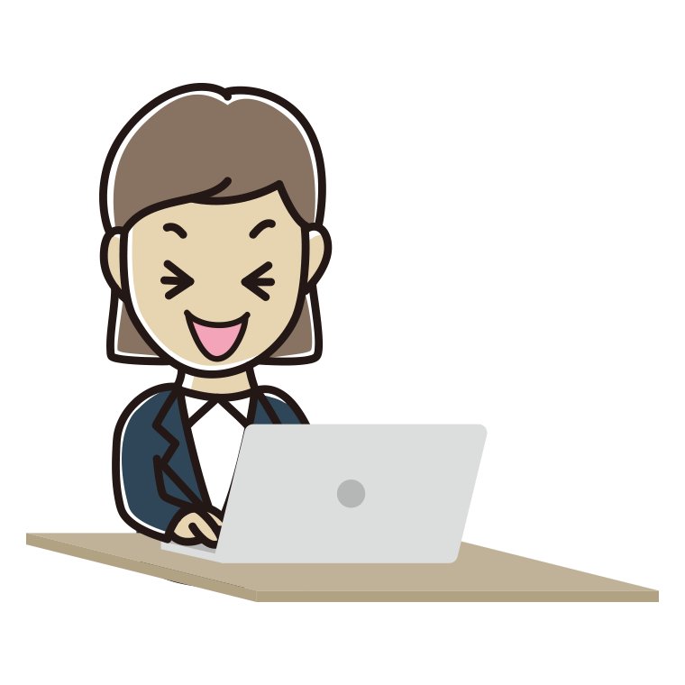 パソコン使用中に笑う女性会社員のイラスト【色あり、背景なし】透過PNG