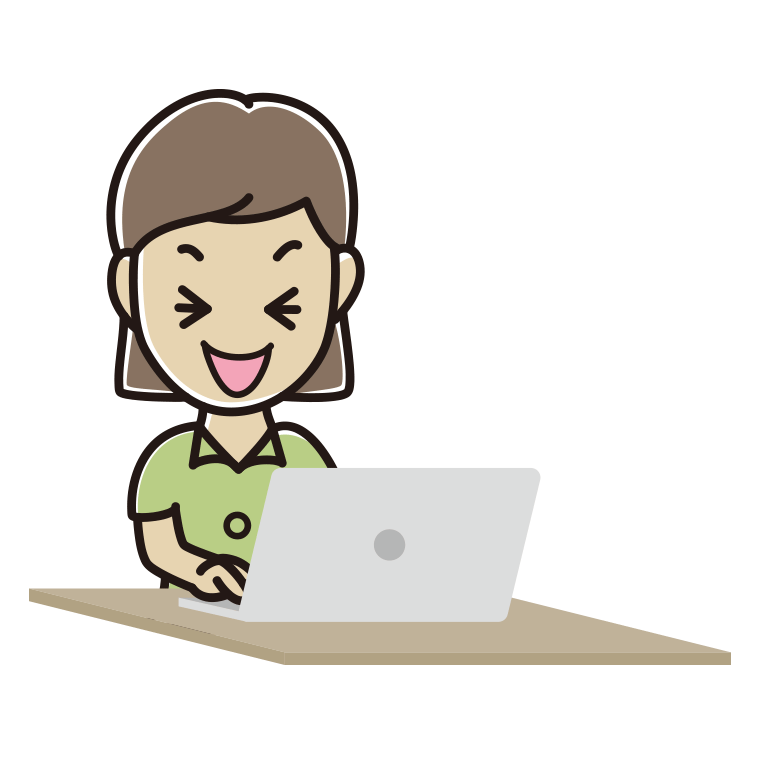 パソコン使用中に笑う女性会社員（クールビズ）のイラスト【色あり、背景なし】透過PNG