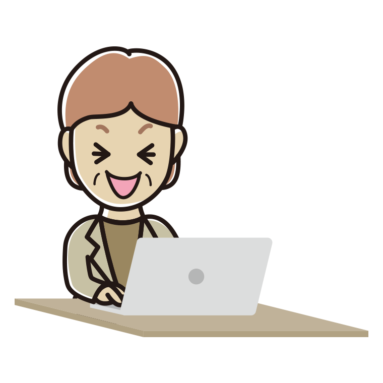 パソコン使用中に笑う年配女性会社員（カジュアル）のイラスト【色あり、背景なし】透過PNG
