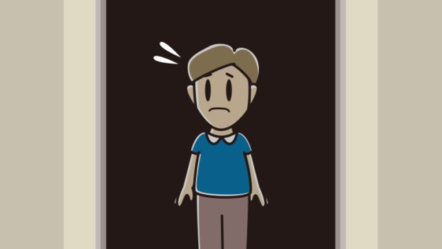 停電でエレベーターが止まる男性のイラスト【色、背景あり】PNG