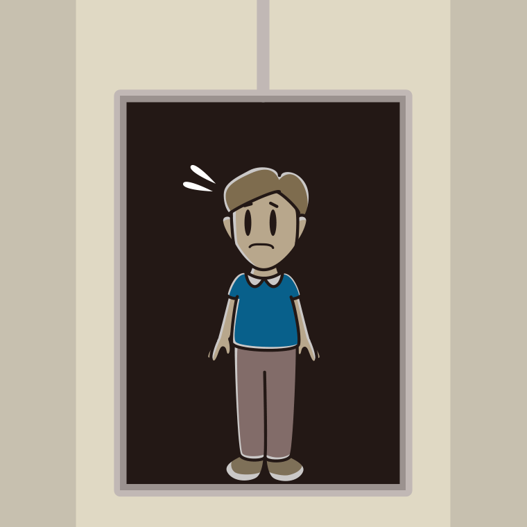 停電でエレベーターが止まる男性のイラスト【色、背景あり】PNG