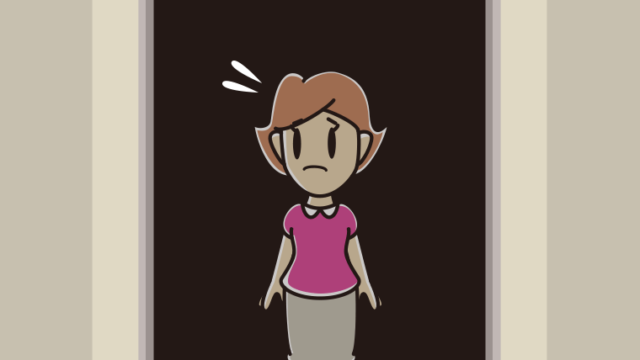 停電でエレベーターが止まる女性のイラスト【色、背景あり】PNG