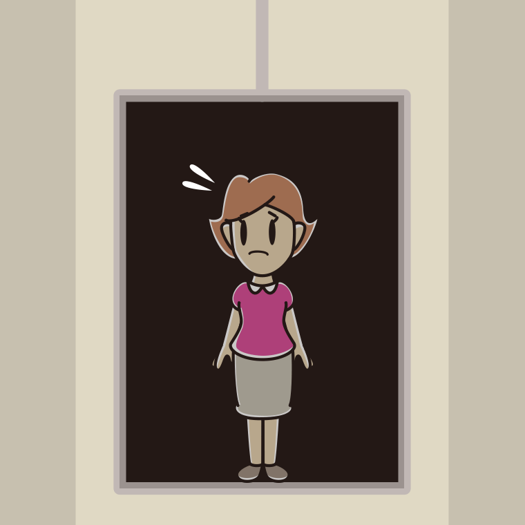 停電でエレベーターが止まる女性のイラスト【色、背景あり】PNG