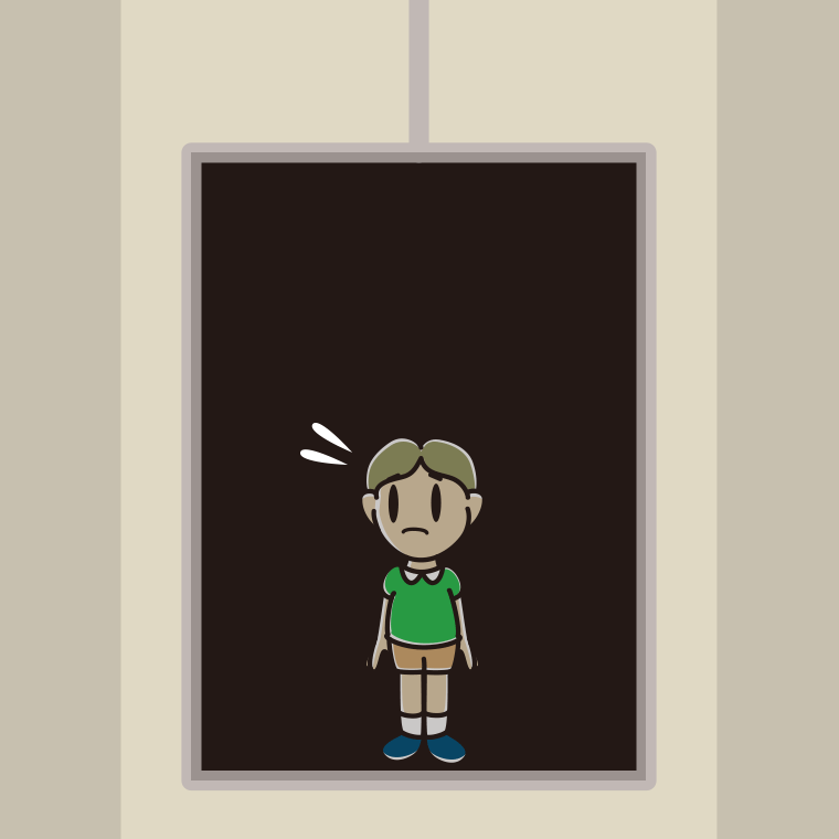停電でエレベーターが止まる小学生男子のイラスト【色、背景あり】PNG