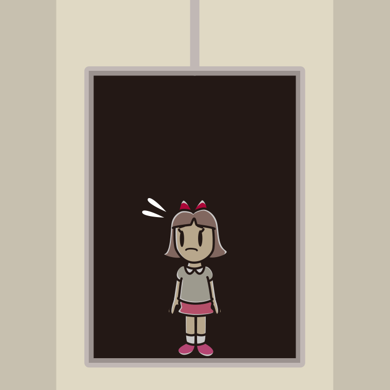 停電でエレベーターが止まる小学生女子のイラスト【色、背景あり】PNG