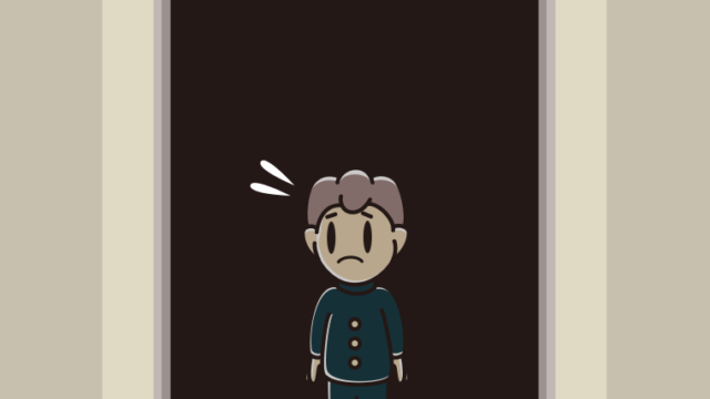 停電でエレベーターが止まる男子中学生のイラスト【色、背景あり】PNG