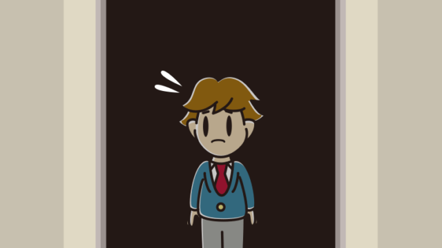 停電でエレベーターが止まる男子高校生のイラスト【色、背景あり】PNG