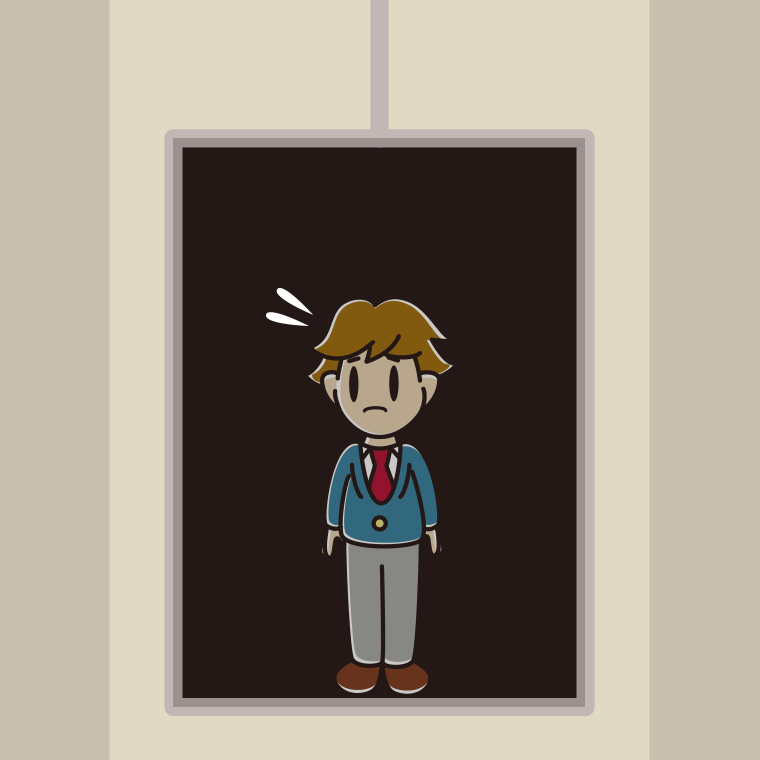 停電でエレベーターが止まる男子高校生のイラスト【色、背景あり】PNG