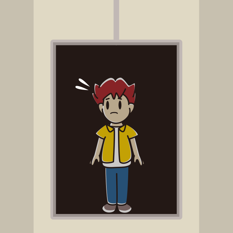 停電でエレベーターが止まる男子大学生のイラスト【色、背景あり】PNG