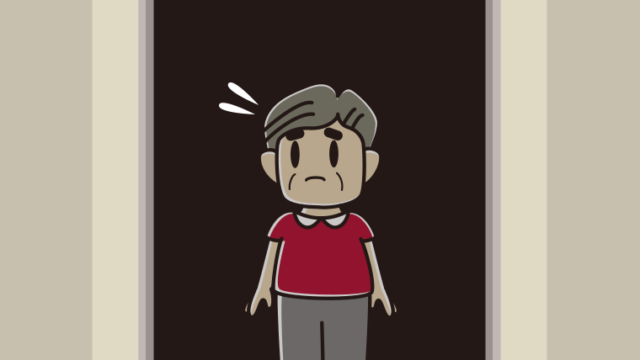 停電でエレベーターが止まるおじさんのイラスト【色、背景あり】PNG