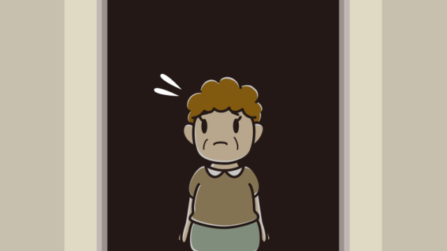 停電でエレベーターが止まるおばさんのイラスト【色、背景あり】PNG