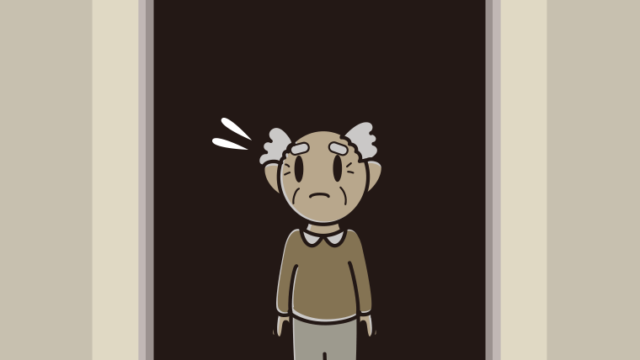 停電でエレベーターが止まるおじいさんのイラスト【色、背景あり】PNG