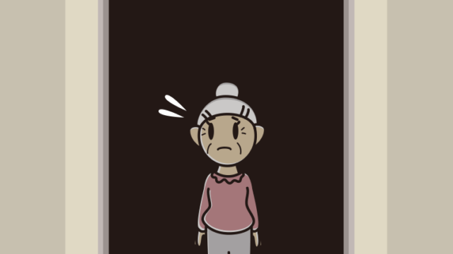 停電でエレベーターが止まるおばあさんのイラスト【色、背景あり】PNG
