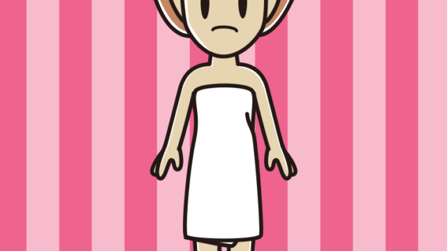 困るバスタオル姿の女性のイラスト【色、背景あり】PNG