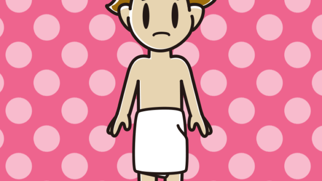 困るバスタオル姿の男子高校生のイラスト【色、背景あり】PNG