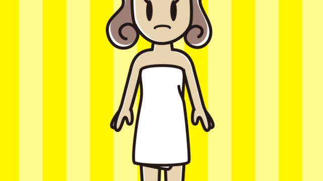 困るバスタオル姿の女子大学生のイラスト【色、背景あり】PNG