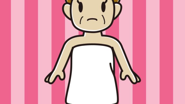 困るバスタオル姿のおばさんのイラスト【色、背景あり】PNG