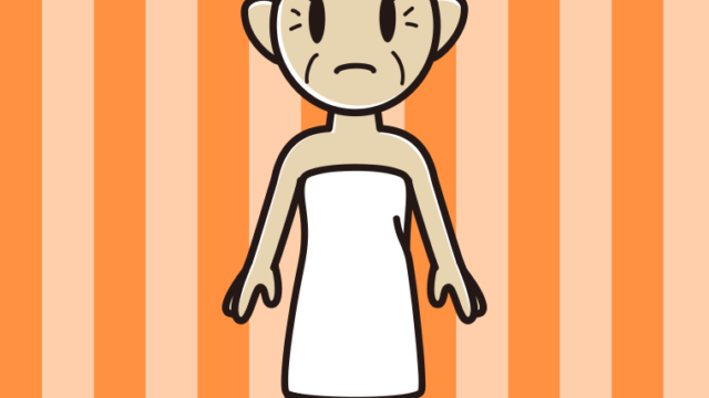 困るバスタオル姿のおばあさんのイラスト【色、背景あり】PNG