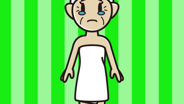 泣くバスタオル姿のおばあさんのイラスト【色、背景あり】PNG