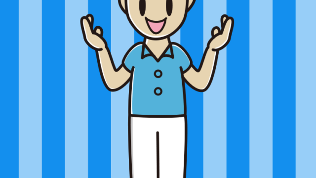 身振り手振りで話す男性会社員（クールビズ）のイラスト【色、背景あり】PNG