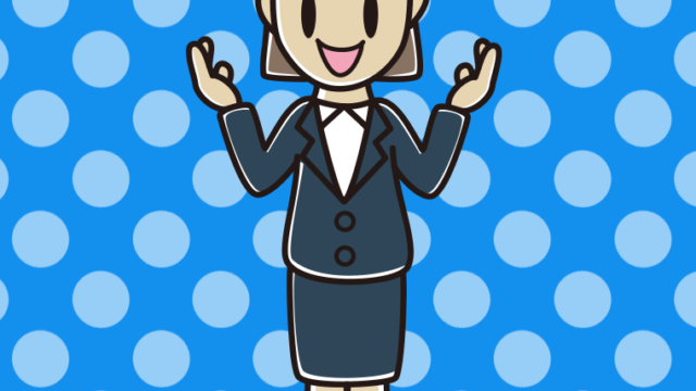 身振り手振りで話す女性会社員のイラスト【色、背景あり】PNG