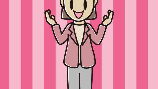 身振り手振りで話す女性会社員（カジュアル）のイラスト【色、背景あり】PNG