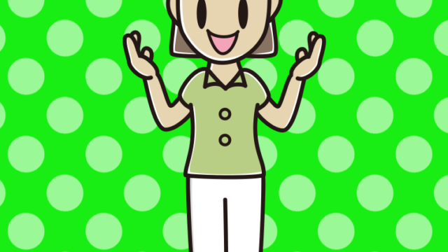 身振り手振りで話す女性会社員（クールビズ）のイラスト【色、背景あり】PNG