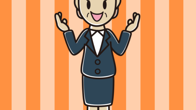 身振り手振りで話す年配女性会社員のイラスト【色、背景あり】PNG