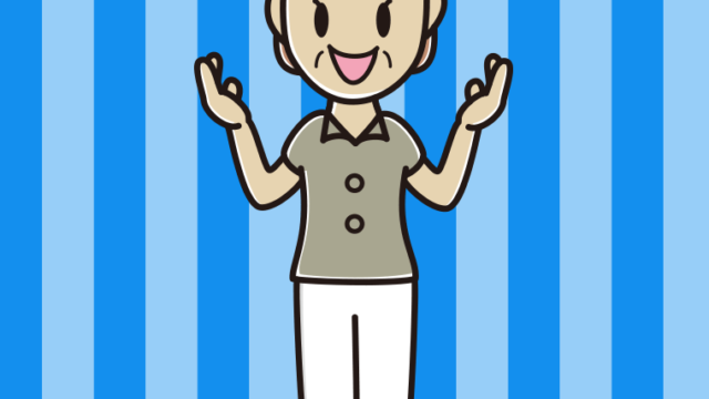 身振り手振りで話す年配女性会社員（クールビズ）のイラスト【色、背景あり】PNG