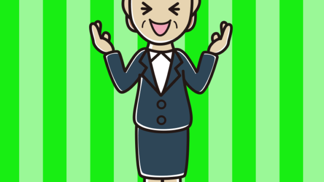 笑いながら話す年配女性会社員のイラスト【色、背景あり】PNG