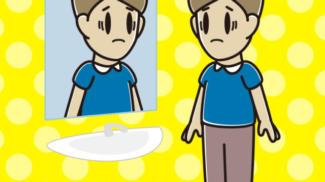 鏡を見て困る男性のイラスト【色、背景あり】PNG