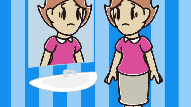 鏡を見て困る女性のイラスト【色、背景あり】PNG