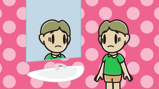 鏡を見て困る小学生男子のイラスト【色、背景あり】PNG