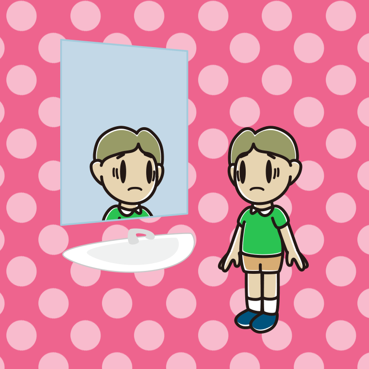 鏡を見て困る小学生男子のイラスト【色、背景あり】PNG