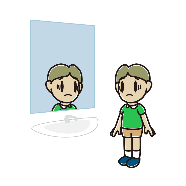 鏡を見て困る小学生男子のイラスト【色あり、背景なし】透過PNG