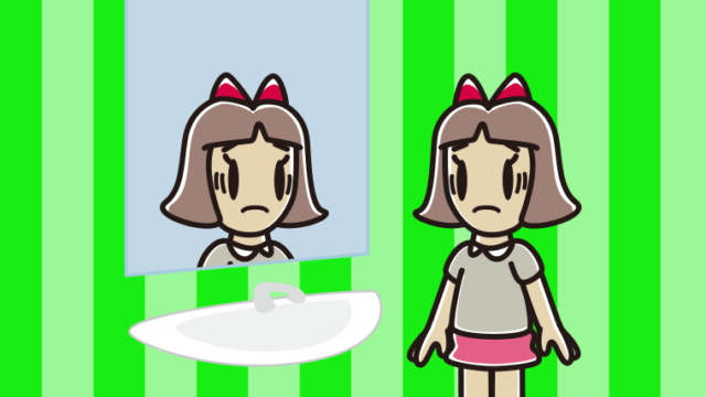 鏡を見て困る小学生女子のイラスト【色、背景あり】PNG