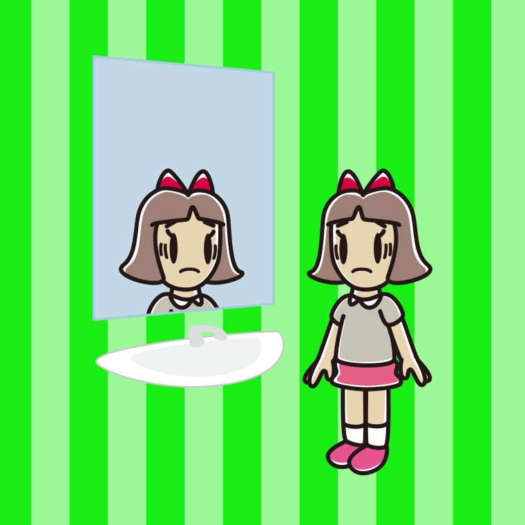 鏡を見て困る小学生女子のイラスト【色、背景あり】PNG