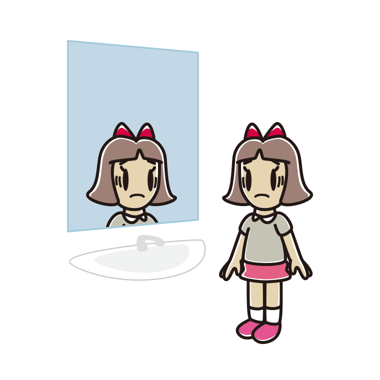 鏡を見て困る小学生女子のイラスト【色あり、背景なし】透過PNG