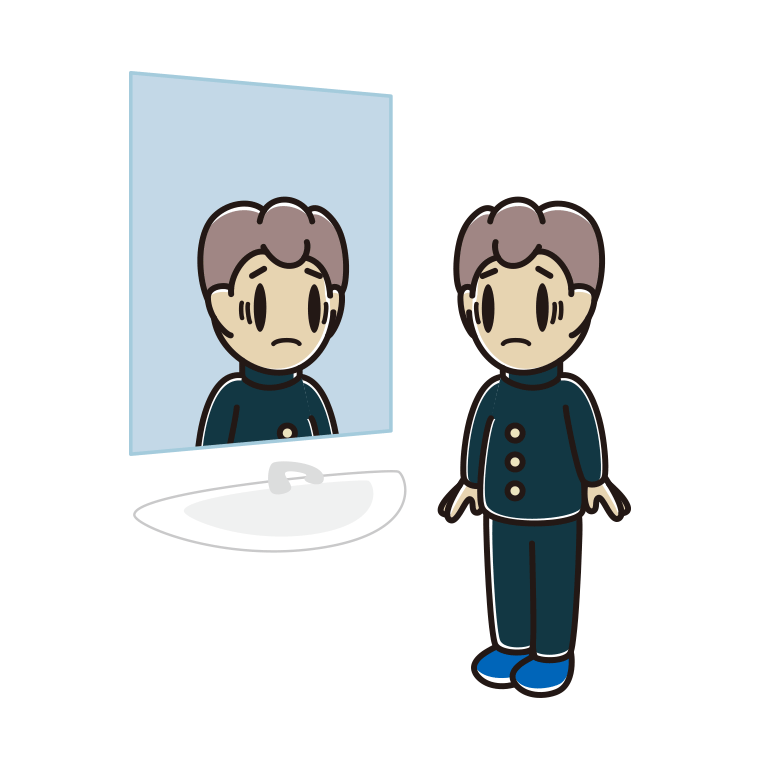 鏡を見て困る男子中学生のイラスト【色あり、背景なし】透過PNG