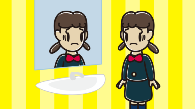 鏡を見て困る女子中学生のイラスト【色、背景あり】PNG