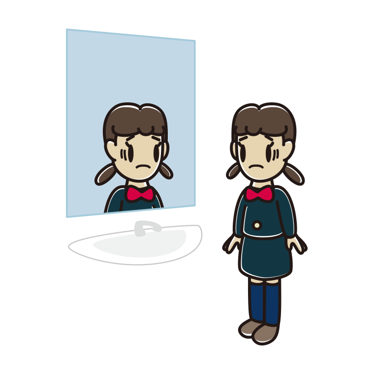 鏡を見て困る女子中学生のイラスト【色あり、背景なし】透過PNG