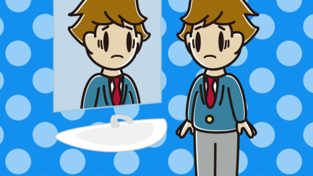 鏡を見て困る男子高校生のイラスト【色、背景あり】PNG