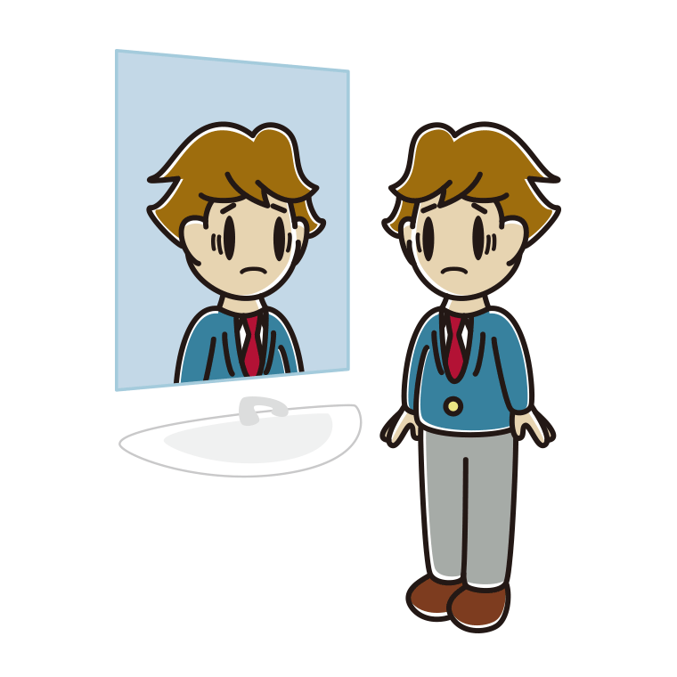 鏡を見て困る男子高校生のイラスト【色あり、背景なし】透過PNG